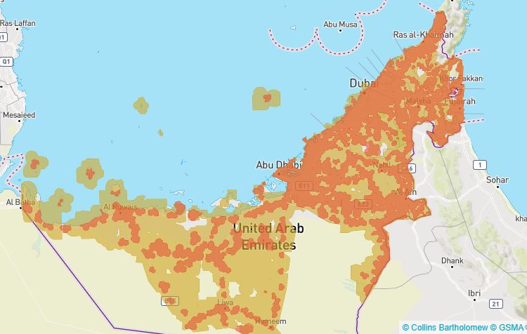 Du Mobile coverage map in the United Arab Emirates