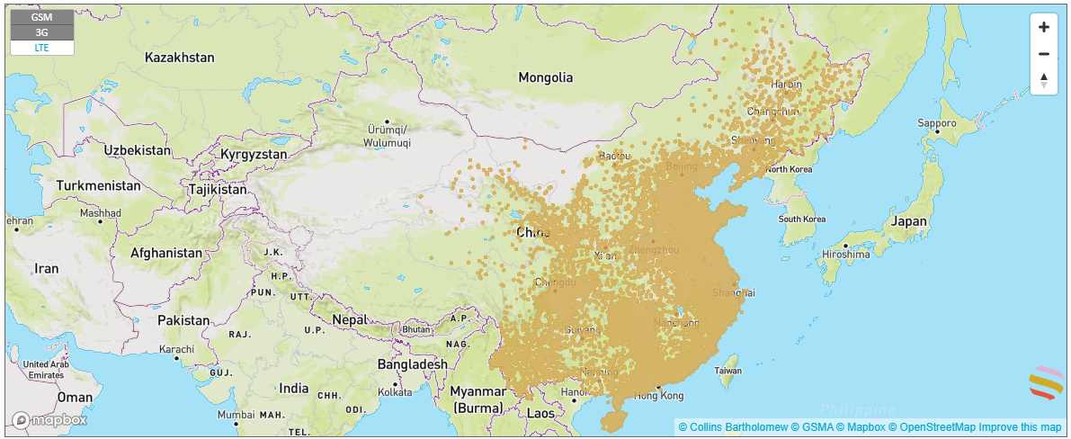 coverage map with an esim in china