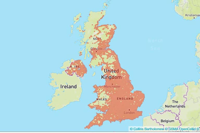 Map of O2 coverage in the UK. Source: GSMA