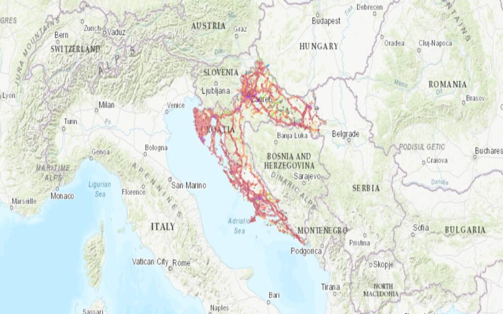 Coverage map of A1 Mobile with an eSIM in Croatia