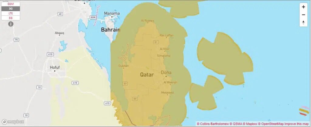 3G coverage map of the mobile operator Ooredoo in Qatar