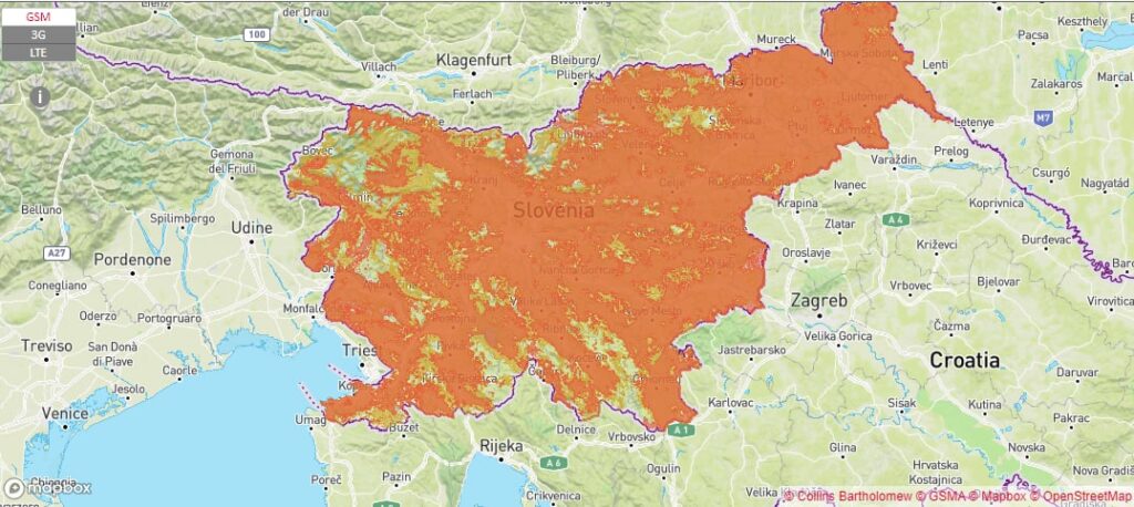 A1 Slovenija coverage map in Slovenia