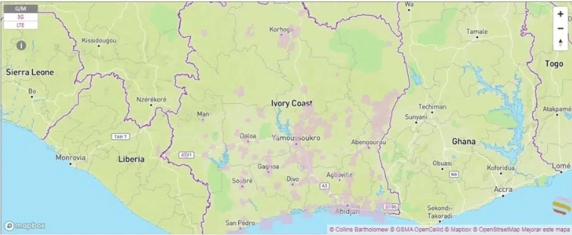 MTN coverage map in Ivory Coast