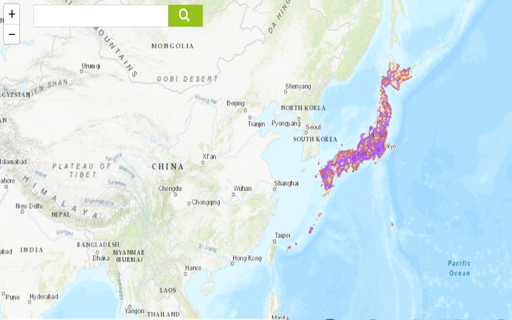 NTT DoMoCo coverage map in Okinawa.