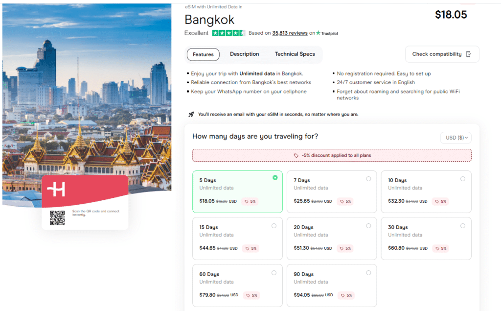 Unlimited data eSIM for Bangkok